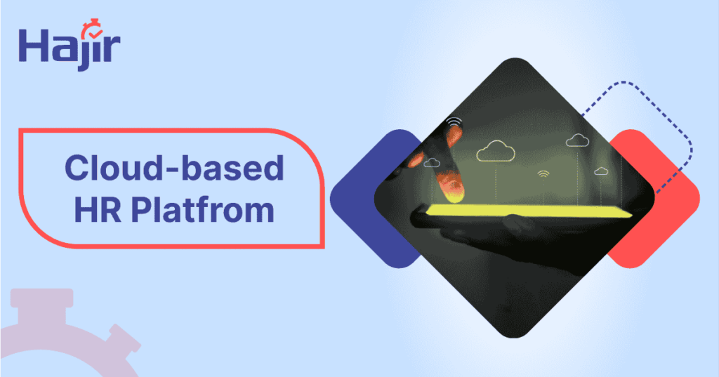 Hand holding tablet with cloud icons representing Hajir's Cloud-based HR Platform