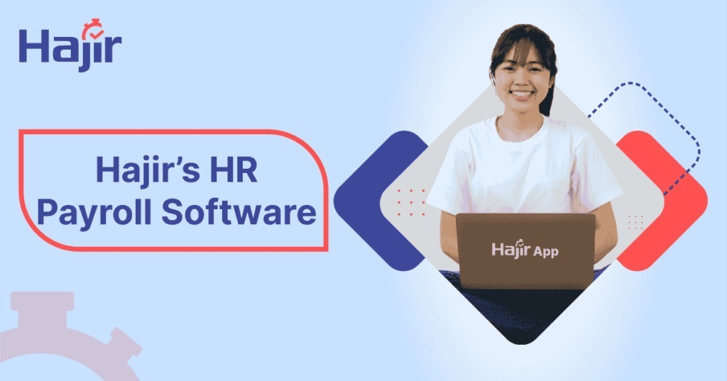 Smiling woman using Hajir's HR Payroll Software on a laptop with a modern background design