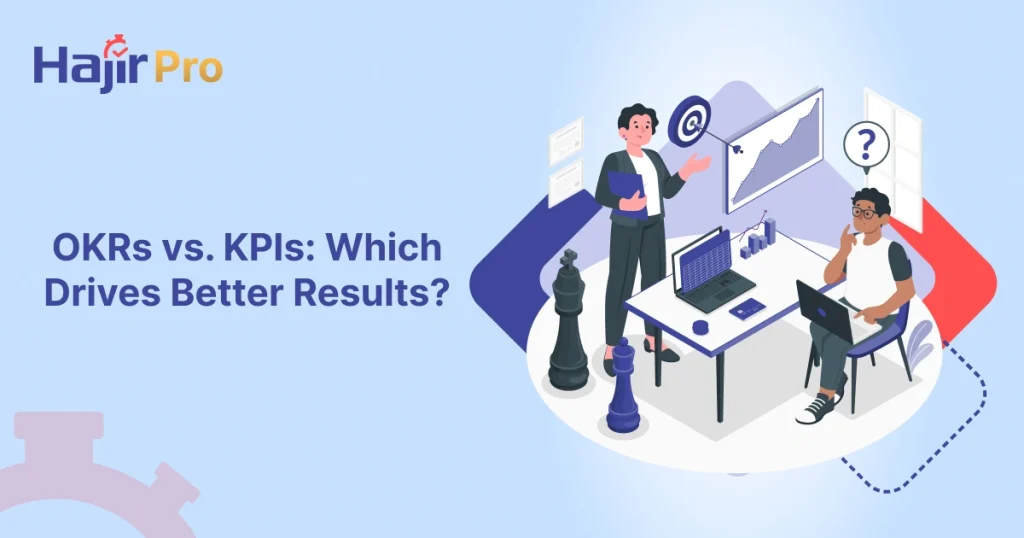 Illustration of two professionals discussing OKRs vs. KPIs with graphs and laptops, asking “Which drives better results?”