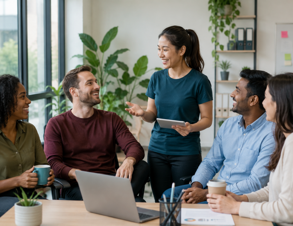 Diverse team of colleagues smiling and discussing work around a laptop in a bright, plant-filled office