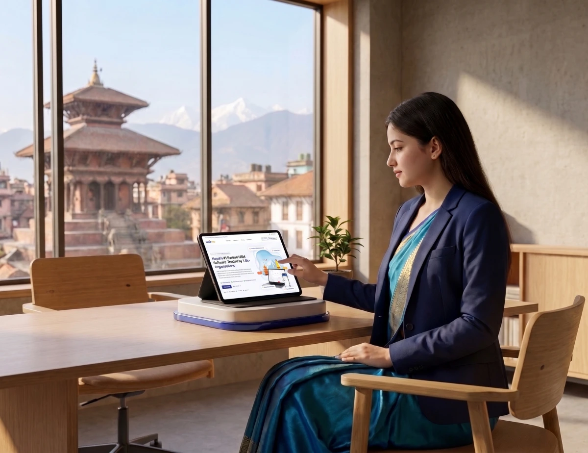 Professional using HajirHR HR management system on tablet with Kathmandu skyline view