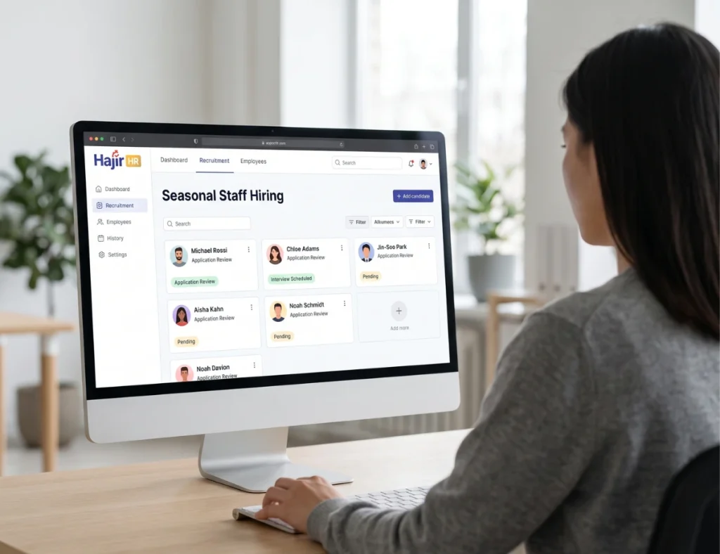 Employee using a Hajir HR dashboard to manage seasonal staff hiring and recruitment in Nepal.