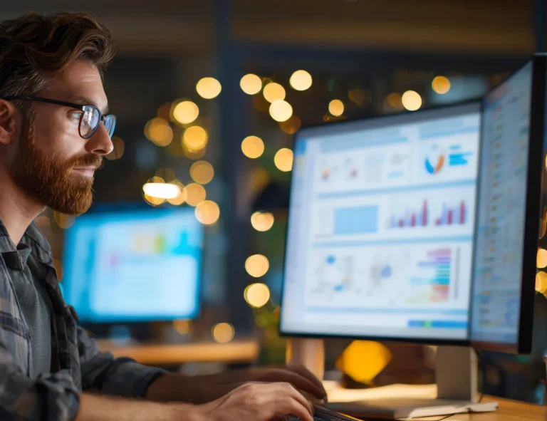 Professional analyzing shift management system dashboard on desktop monitor