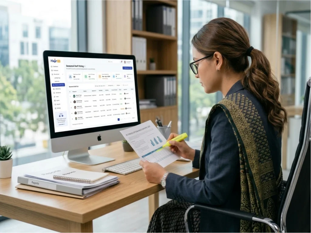 HR professional reviewing seasonal staff hiring data on the Hajir HRM dashboard while highlighting performance reports at her desk.
