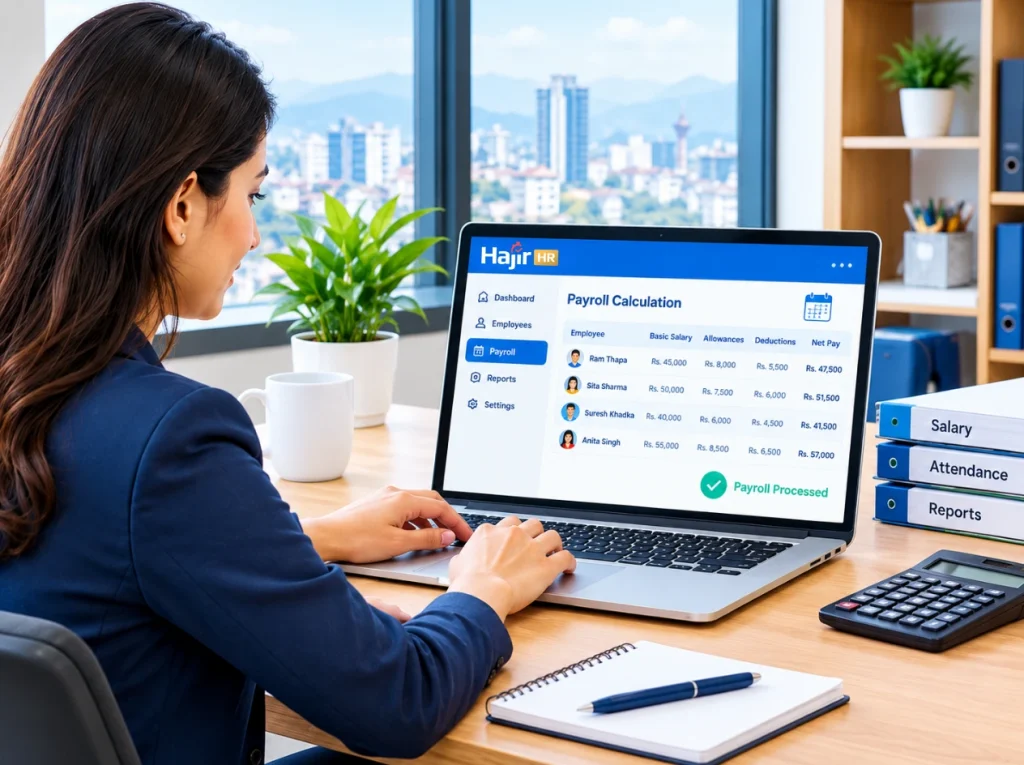 Woman using the HajirHR payroll dashboard on a laptop, showing a payroll calculation table with employee names, basic salary, allowances, deductions, and net pay, with a "Payroll Processed" confirmation.
