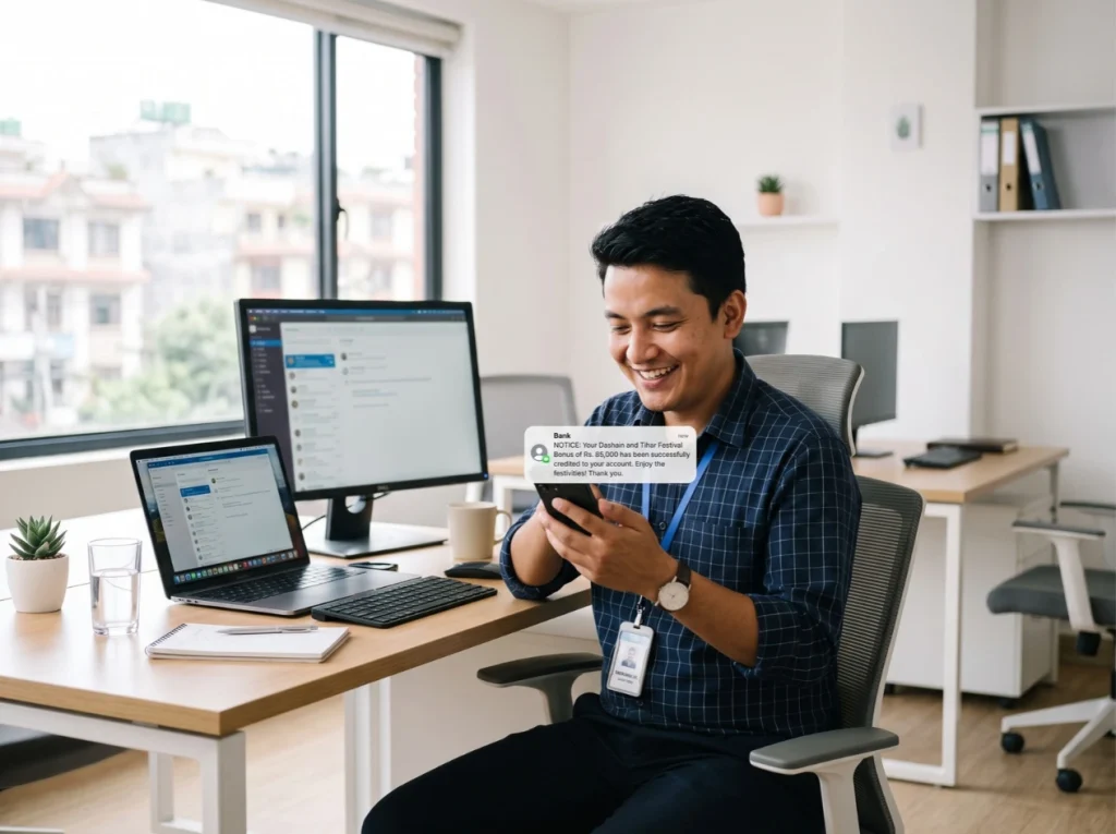 Nepali office employee smiling at phone showing Dashain and Tihar bonus payment notification