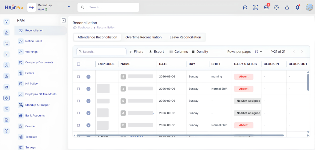 Hajir Pro attendance reconciliation dashboard showing employee status, shifts, dates, clock-in, and clock-out records.