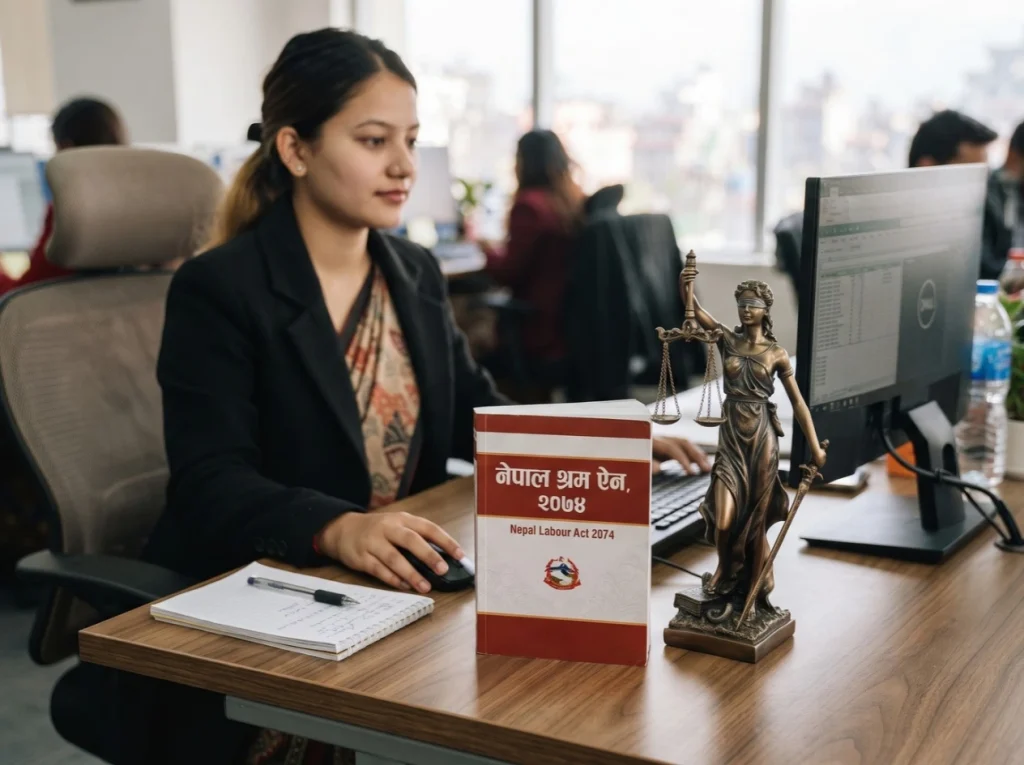 HR professional working at a Kathmandu office desk with a copy of the Nepal Labour Act 2074 and a statue of Lady Justice