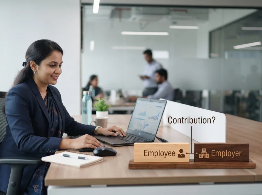 Woman working at a laptop in an office, with wooden nameplates labeled "Employee" and "Employer" connected by a line under the heading "Contribution?"