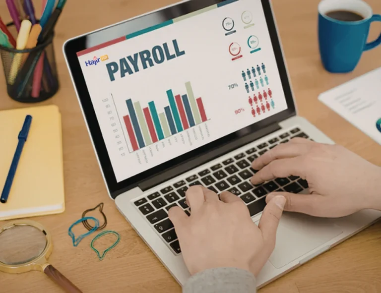 Close-up of hands typing on a laptop displaying a Hajir HRM payroll dashboard with bar charts and percentage breakdowns