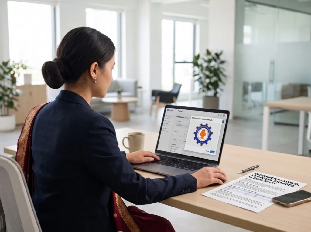 A woman in a navy blazer and maroon shawl with gold trim sits at a wooden desk in a bright, modern office, working on a laptop. The laptop shows a payroll dashboard with a pop-up reading “CIT Logo Uploaded Successfully,” displaying the Nagarik Lagani Kosh (Citizen Investment Trust) logo. On the desk beside her are a coffee mug, a pen, a smartphone, and a printed document titled “Retirement Savings, Tax Rules Changed in 2026 in CIT.” Plants and glass partitions are visible in the background.