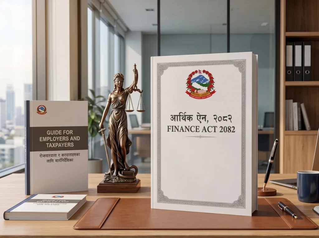 Finance Act 2082 document featuring Nepal’s national emblem, displayed on an office desk beside a guide for employers and taxpayers and a Lady Justice statue.