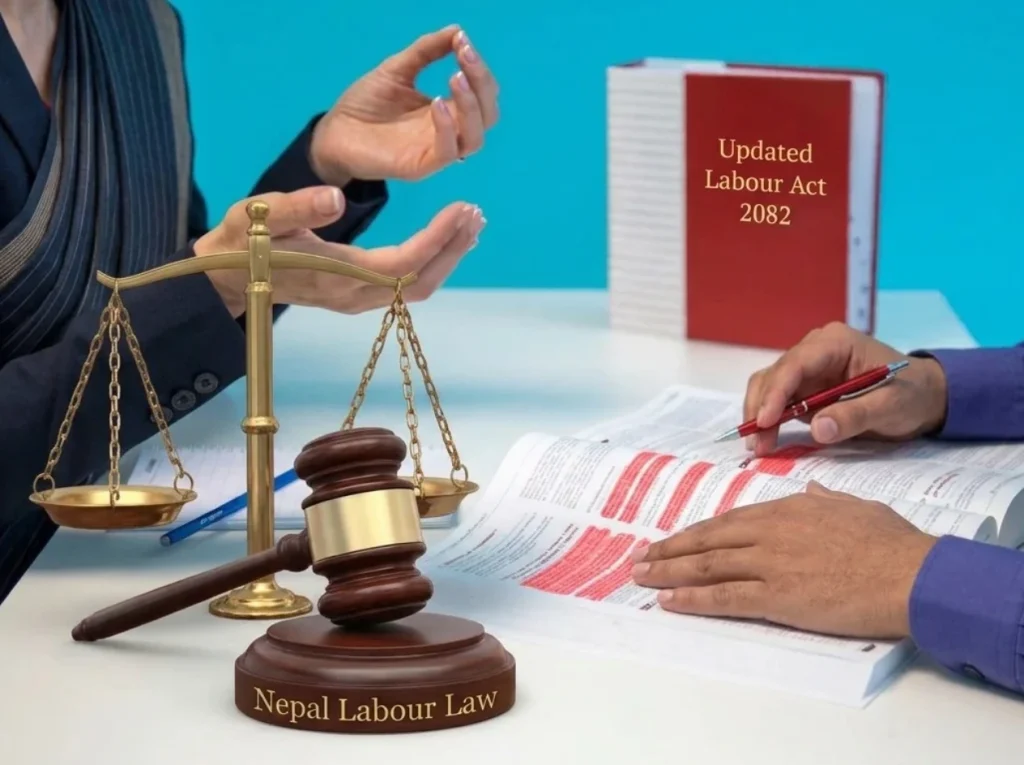 Legal professionals reviewing Nepal labour law documents beside a balance scale and gavel, with a book labeled “Updated Labour Act 2082.”
