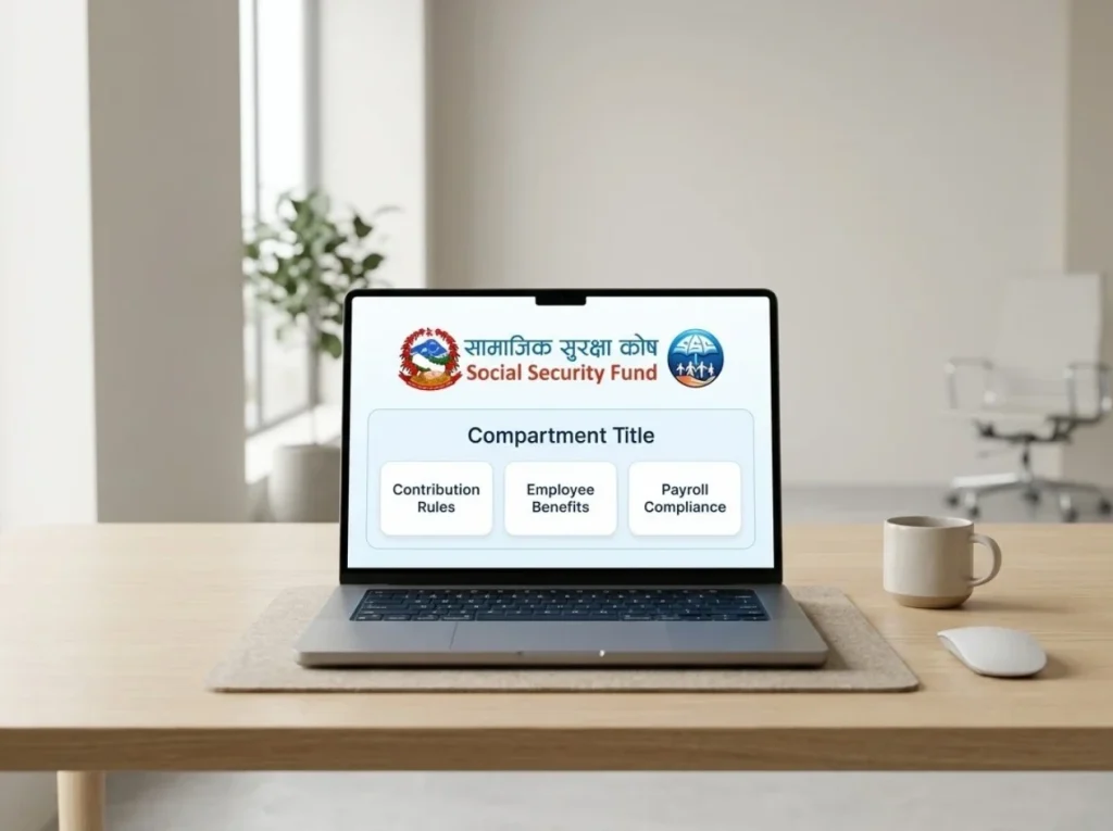 Laptop on a desk showing the Social Security Fund Nepal logo with three topics: contribution rules, employee benefits, and payroll compliance