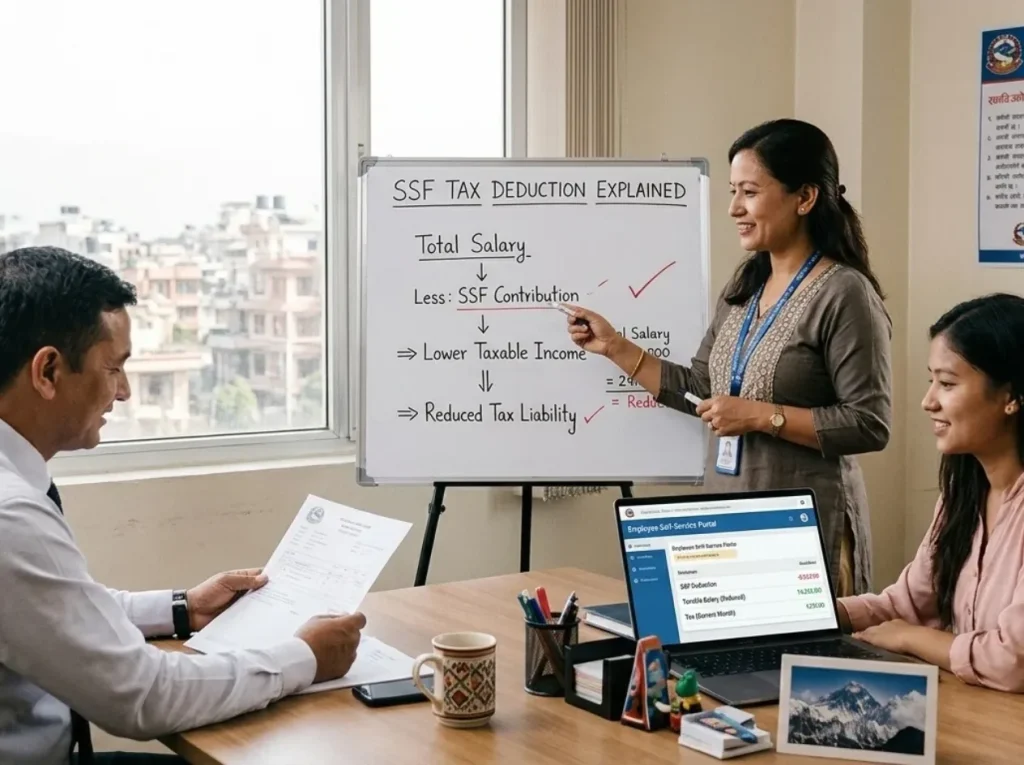A woman presents a whiteboard titled “SSF Tax Deduction Explained” to two colleagues in an office. The board shows total salary, less SSF contribution, leading to lower taxable income and reduced tax liability. A laptop displays an employee self-service portal.