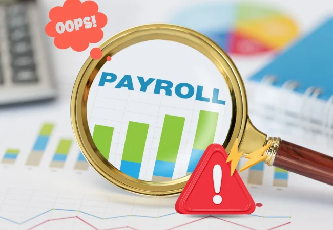 A magnifying glass enlarges a payroll report with charts, accompanied by a red warning symbol and an “Oops!” graphic to represent payroll errors.