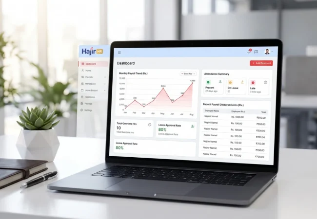 Hajir HR dashboard showing payroll trends, attendance summaries, overtime hours, and employee payroll data.
