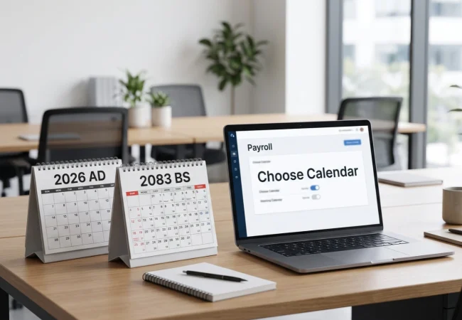 Desk calendars showing 2026 AD and 2083 BS beside a laptop with a payroll "Choose Calendar" screen