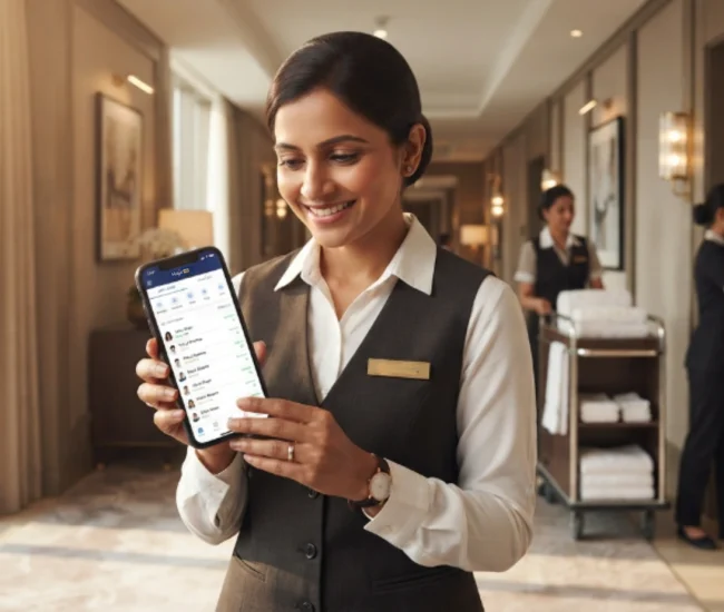Hotel housekeeping supervisor checking staff attendance and schedule on the Hajir HRM mobile app in a hotel hallway, with housekeeping cart in background