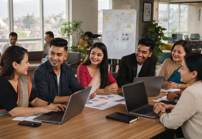 A diverse group of Nepali professionals, men and women of different ages, smiling and collaborating around a conference table with laptops, charts, and a whiteboard in a modern office.