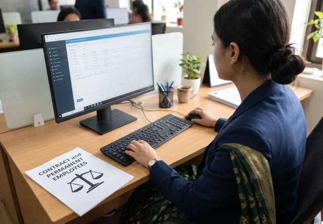HR professional reviewing employee records on a computer beside a document titled "Contract and Permanent Employees" with a scales of justice icon