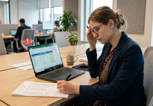 Stressed HR employee checking a payroll spreadsheet on a laptop and handwritten salary notes at an office desk